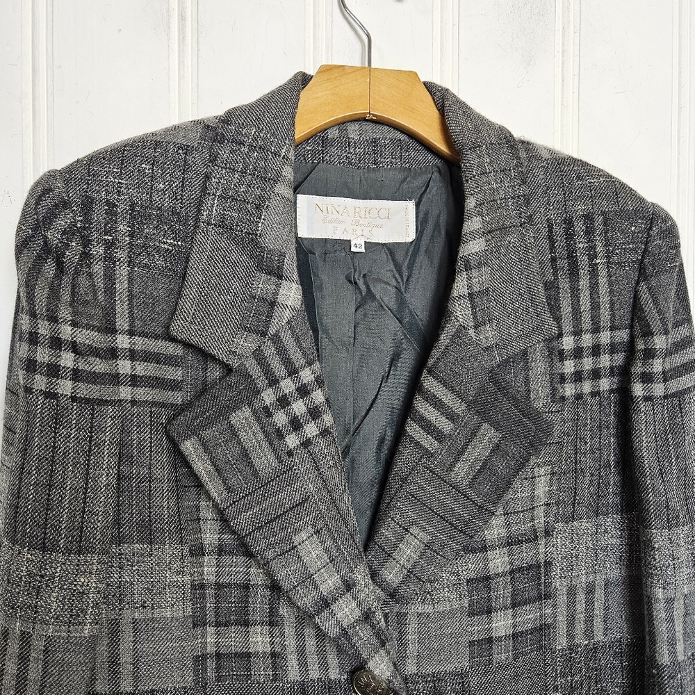 Nina Ricci Wool Tweed Blazer 42 Gray Patchwork Double Button France - Picture 3 of 13
